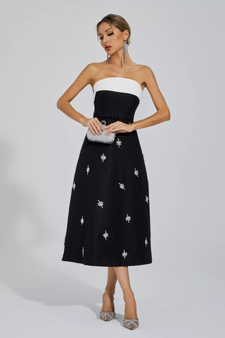 Emberlynn Siyah Beyaz Patchwork Midi Elbise