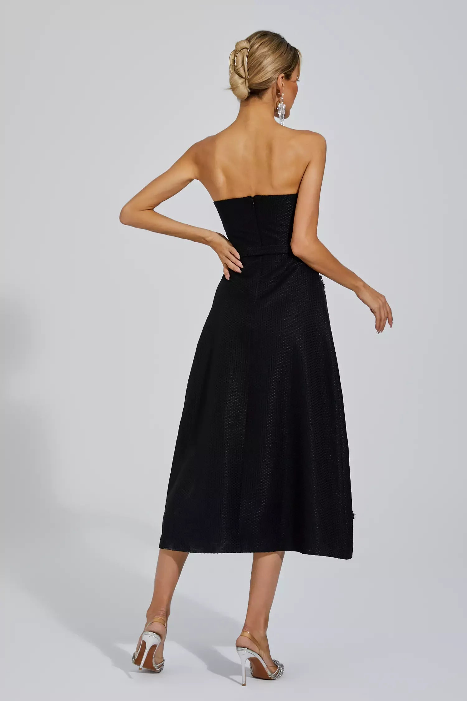 Emberlynn Siyah Beyaz Patchwork Midi Elbise