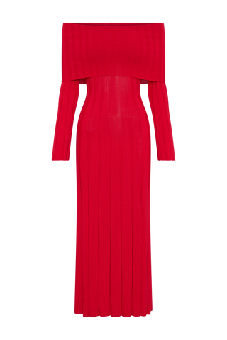 Alonza Uzun Kol Triko Midi Elbise - Kırmızı