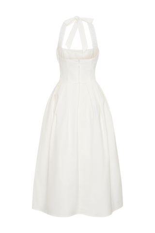 Şeker Boyundan Bağlamalı Midi Elbise - Beyaz