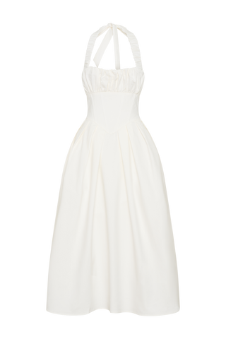 Şeker Boyundan Bağlamalı Midi Elbise - Beyaz