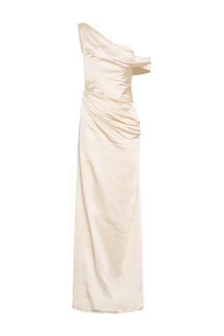 Dalia Düşük Omuzlu Saten Maxi Elbise - Allık Altın