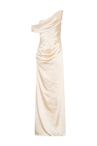 Dalia Düşük Omuzlu Saten Maxi Elbise - Allık Altın