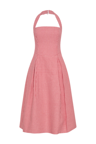 Juana Boyundan Bağlamalı Midi Elbise - Kırmızı Pötikareli