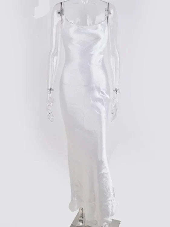 Luna Altın Renkli Saten Midi Elbise