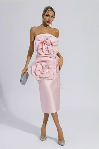 Haley Pembe Çiçekli Askısız Midi Abiye Elbise
