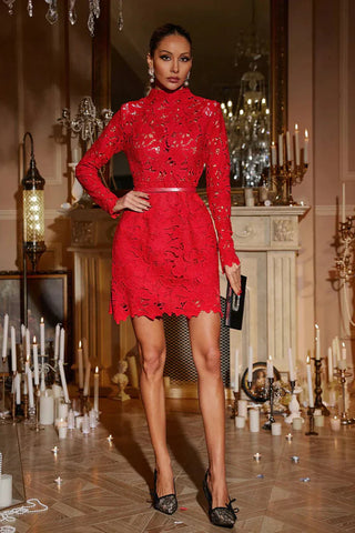 Ondine Uzun Kollu Kesik İşlemeli Mini Elbise