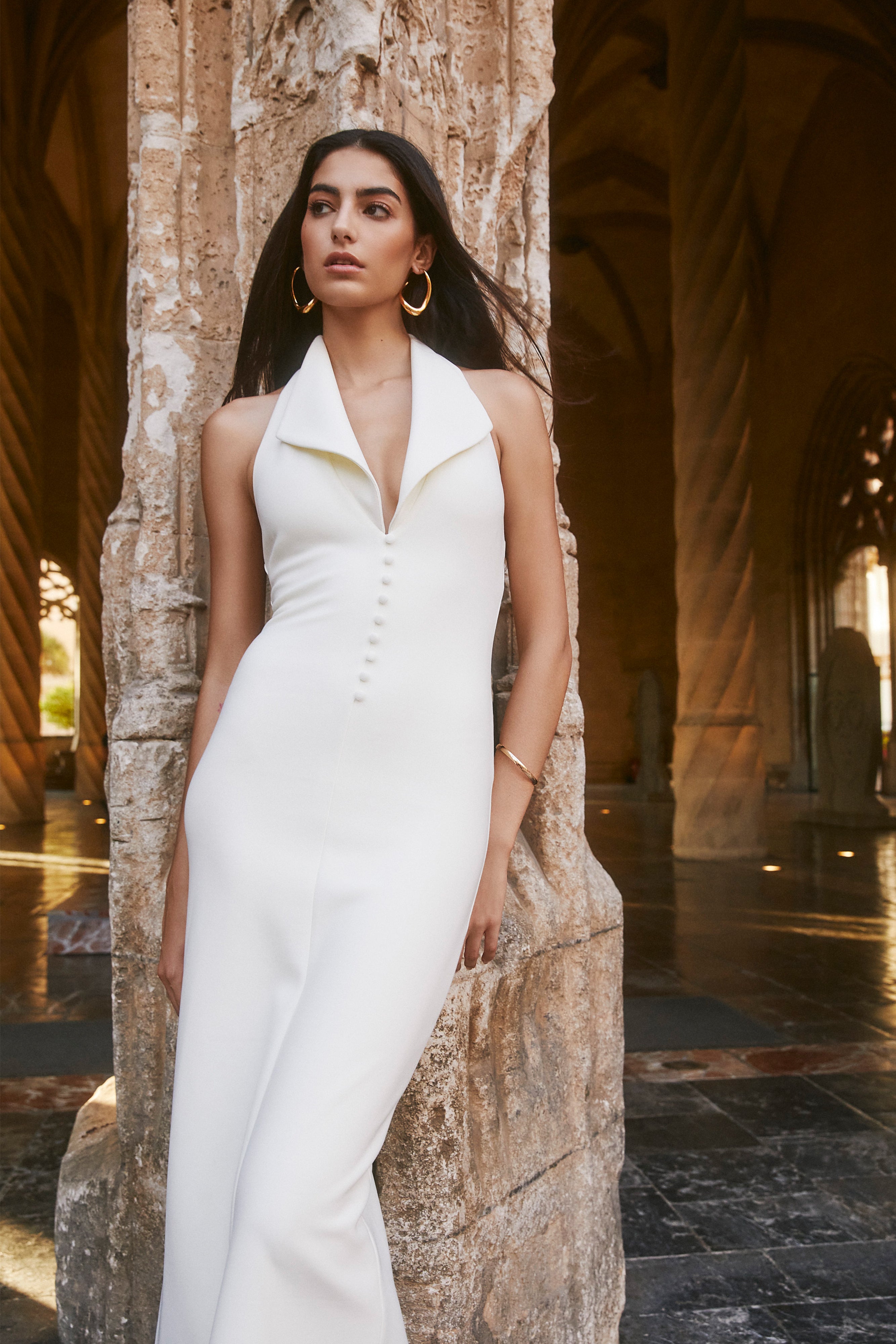 Annita Krep Boyundan Bağlamalı Midi Elbise - Fildişi