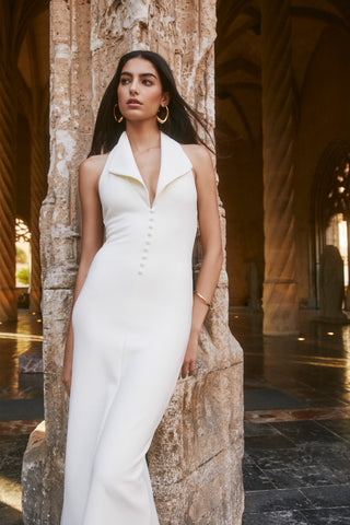 Annita Krep Boyundan Bağlamalı Midi Elbise - Fildişi