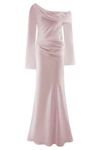 Iris Uzun Kol Saten Maxi Elbise - Soft Pembe