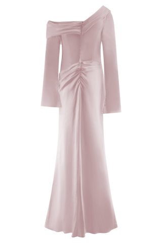 Iris Uzun Kol Saten Maxi Elbise - Soft Pembe
