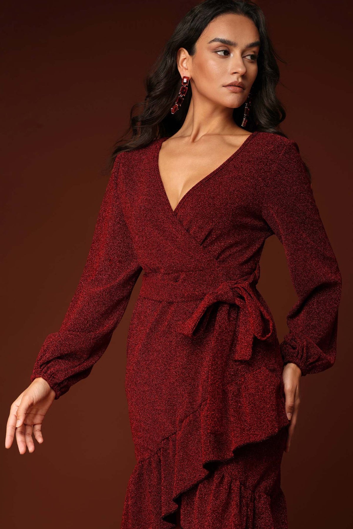 Joy V Yaka Uzun Kollu Mini Elbise