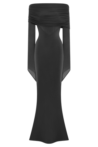 Kaitlin Tek Omuzlu Dar Ve File Uzun Elbise - Siyah
