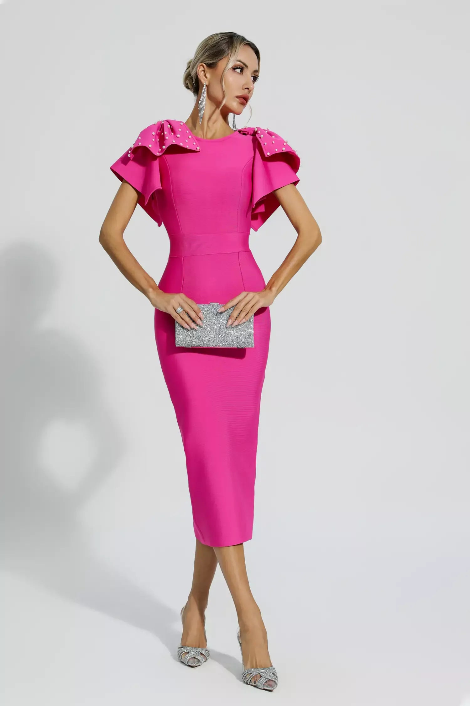 Naku Pembe Örme Süslemeli Midi Elbise