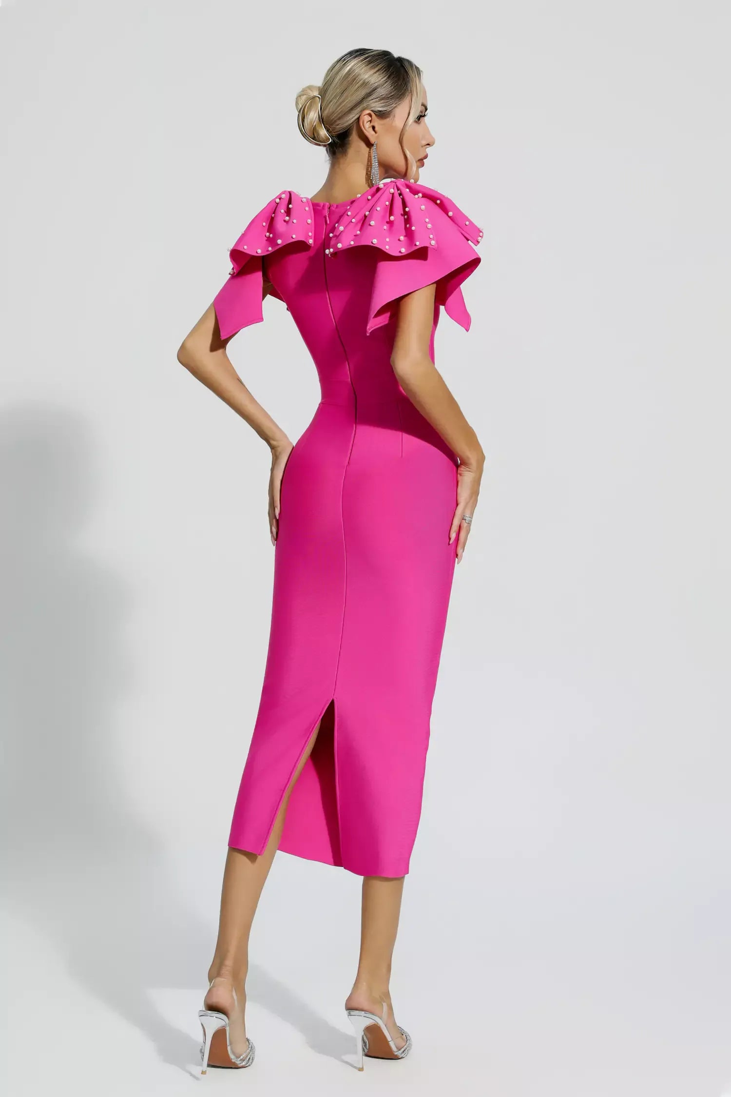 Naku Pembe Örme Süslemeli Midi Elbise