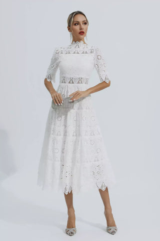 Kenna Beyaz Hollow Yarım Kollu Midi Elbise