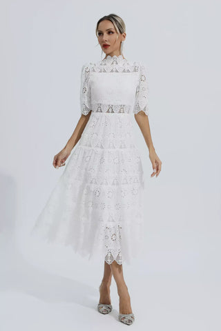 Kenna Beyaz Hollow Yarım Kollu Midi Elbise