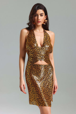 Kiele V Yaka Leopar Desenli Metalik Set