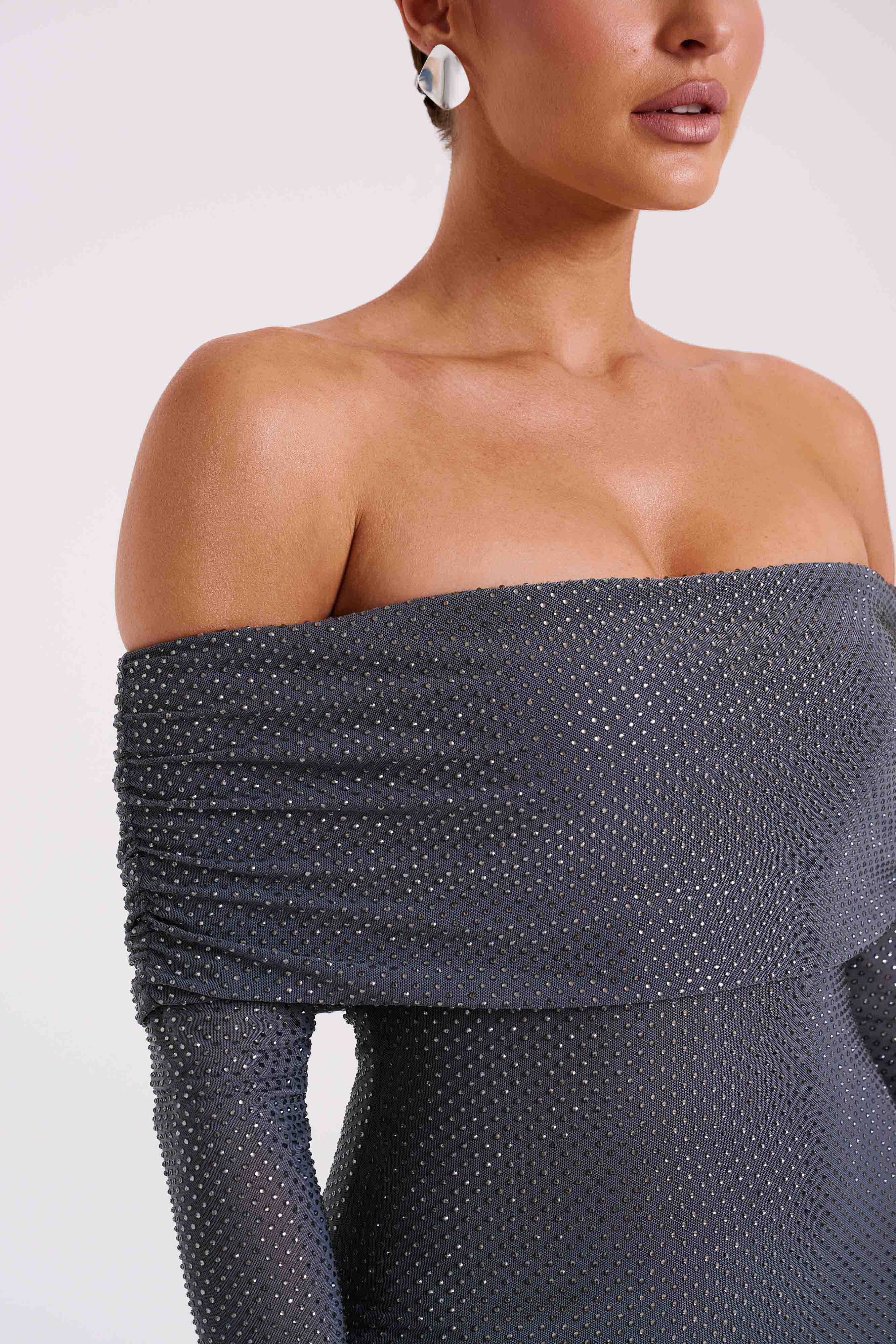 Marcel Düşük Omuz Diamante Maxi Elbise - Tunç