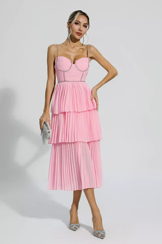 Meredith Pembe Elmas Kıvrımlı Midi Elbise