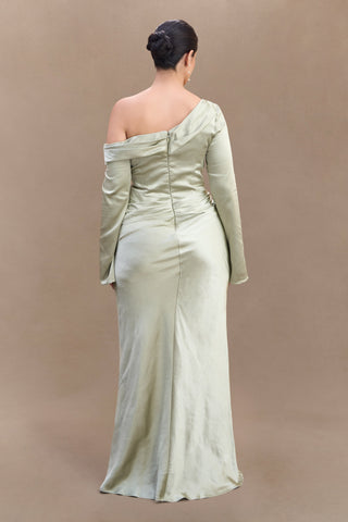 Iris Uzun Kol Saten Maxi Elbise - Adaçayı