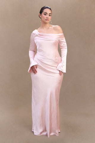 Iris Uzun Kol Saten Maxi Elbise - Soft Pembe