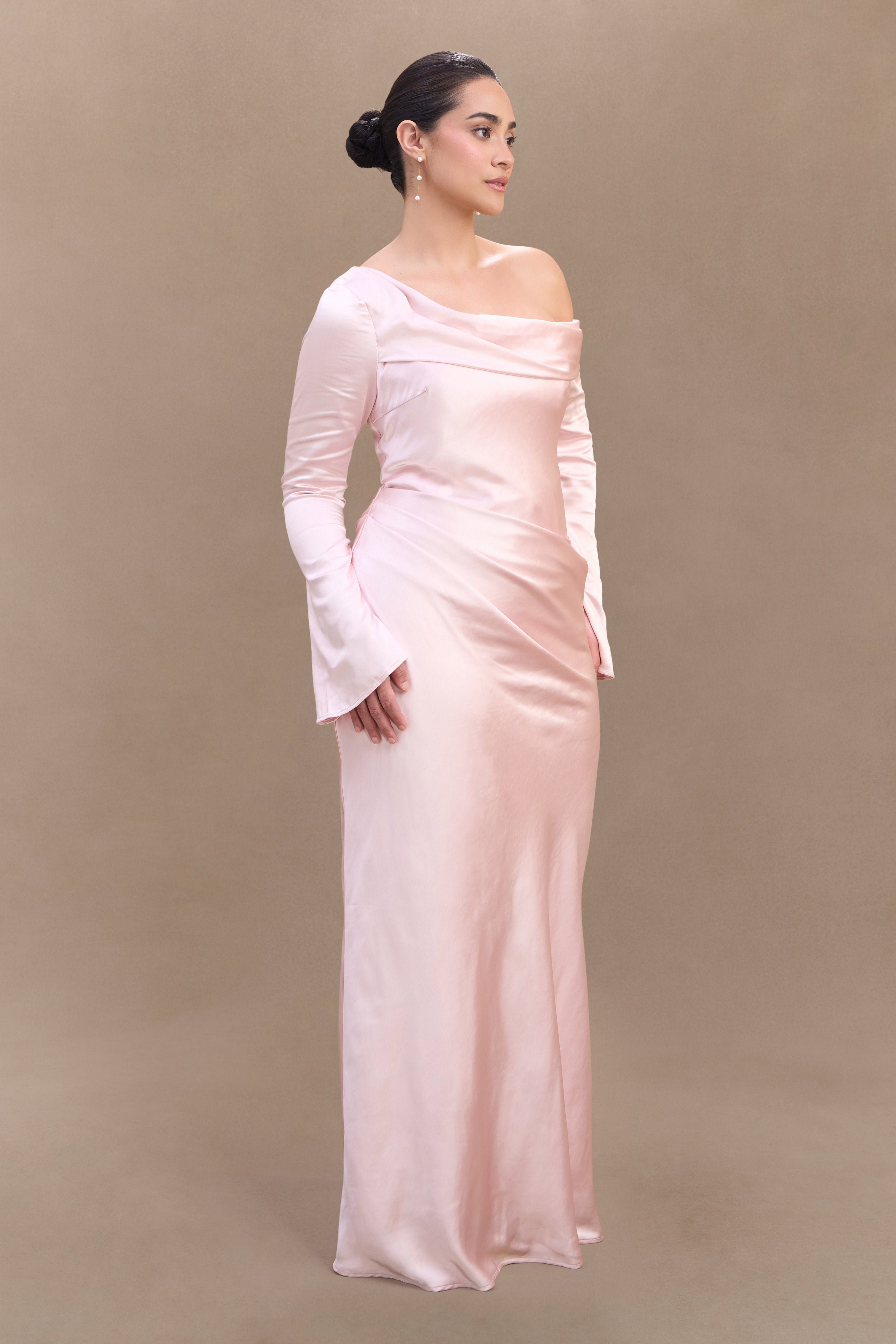 Iris Uzun Kol Saten Maxi Elbise - Soft Pembe