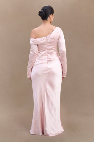 Iris Uzun Kol Saten Maxi Elbise - Soft Pembe