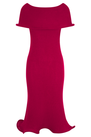 Molly Düşük Omuzlu Triko Midi Elbise - Ahududu