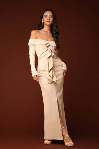 Momo Omzu Açık Uzun Kollu Maxi Elbise