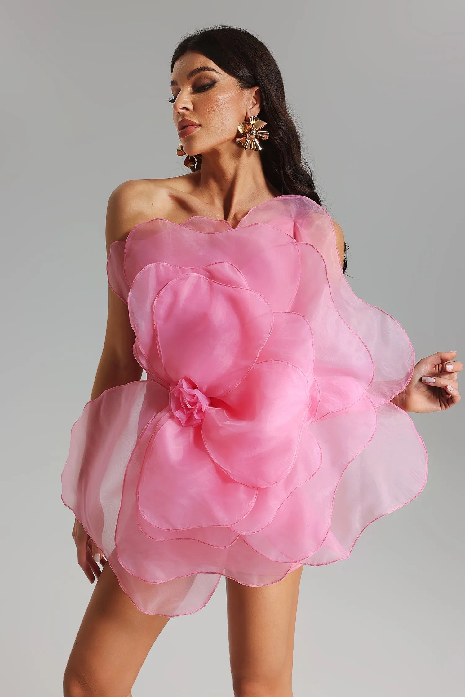 Pembe File Çiçekli Mini Tüp Elbise-Pembe