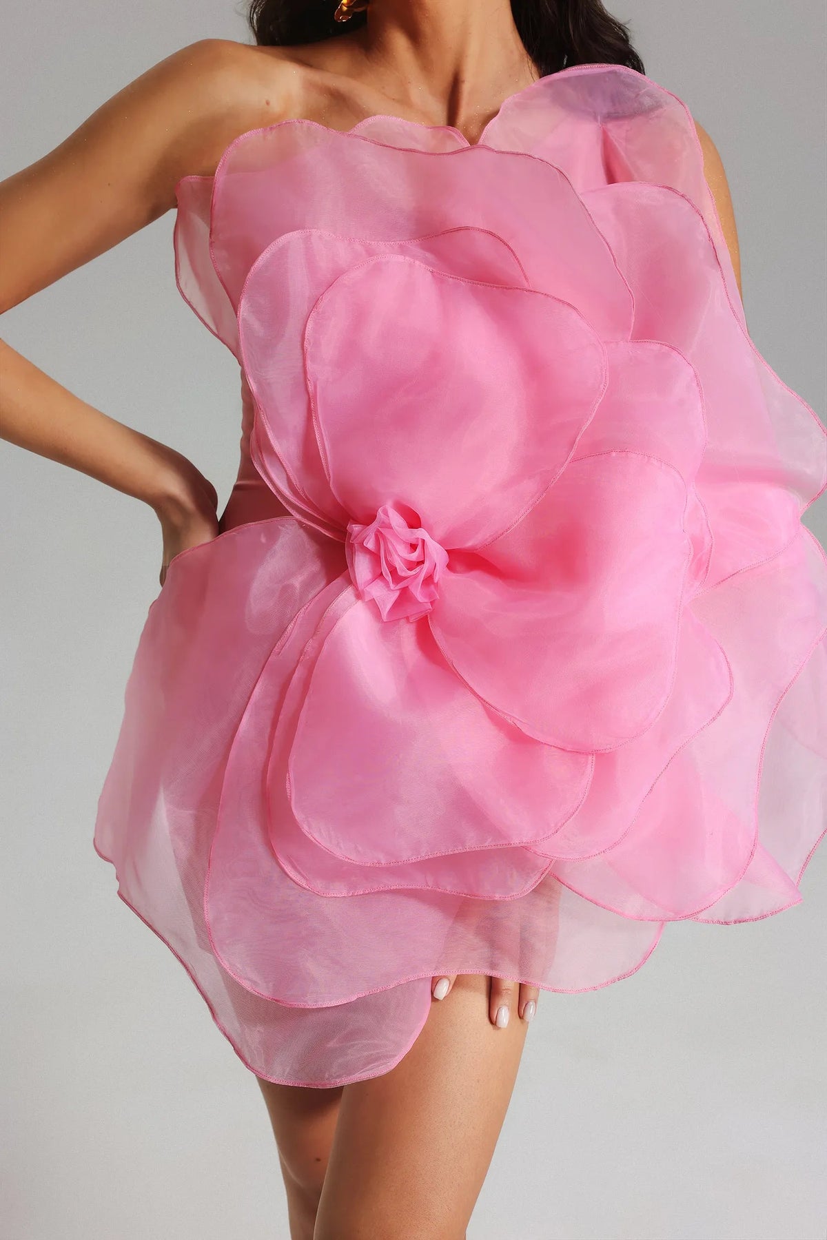 Pembe File Çiçekli Mini Tüp Elbise-Pembe