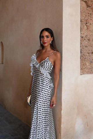 Fantasy Puantiyeli Desenli Güpür Fırfırlı Askılı Maxi Elbise