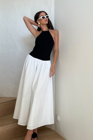 Katie Örgü Ve Keten Midi Elbise - Siyah/Beyaz