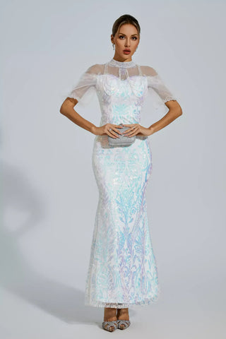 Robin Beyaz File Maxi Payetli Elbise