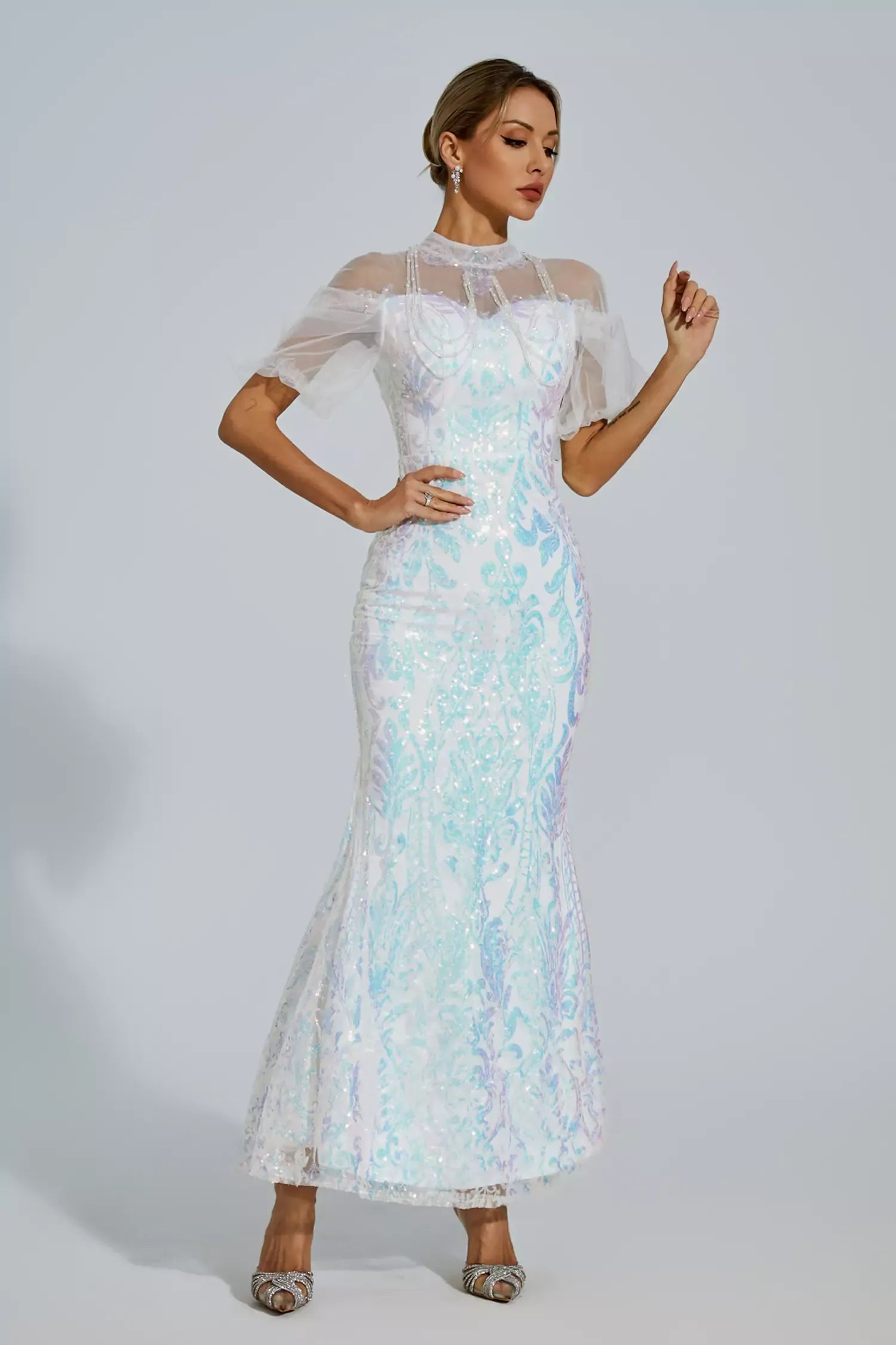 Robin Beyaz File Maxi Payetli Elbise