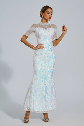 Robin Beyaz File Maxi Payetli Elbise