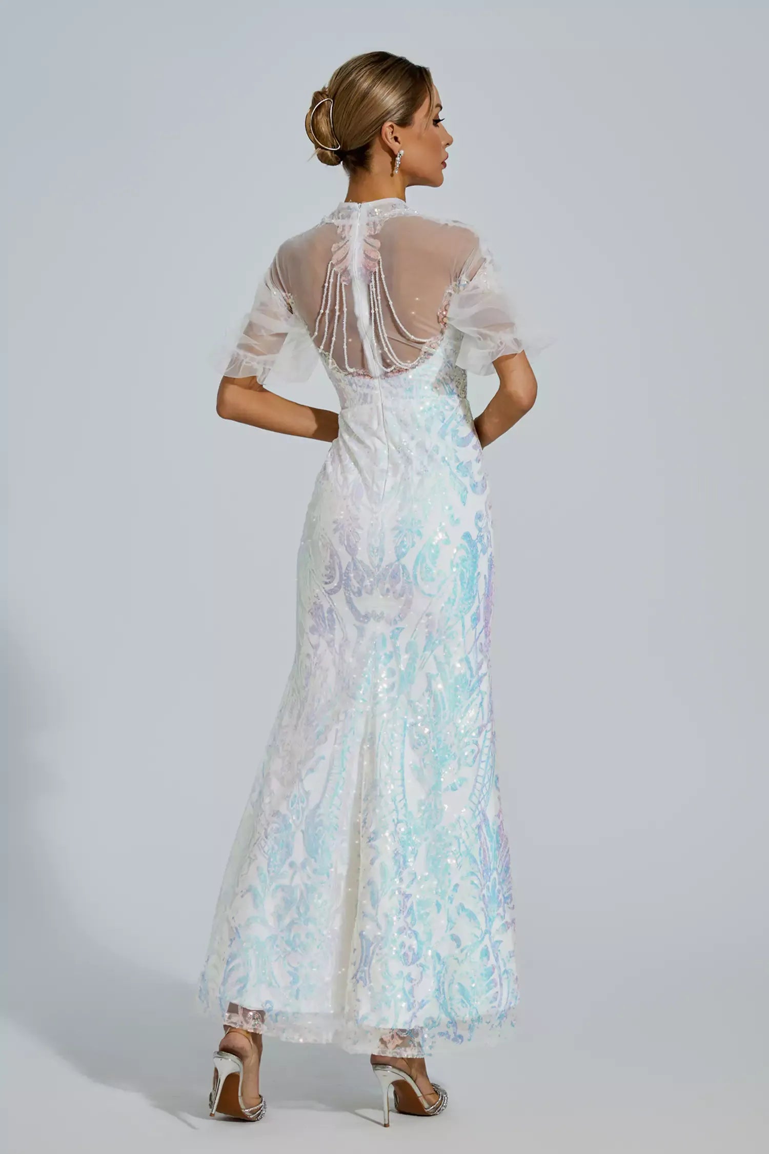 Robin Beyaz File Maxi Payetli Elbise