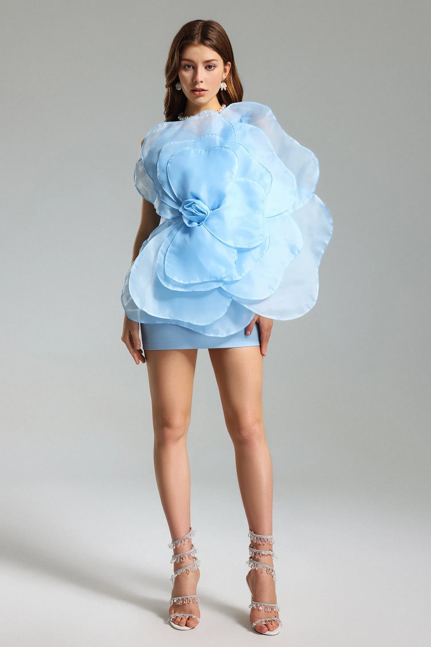 Mavi File Çiçekli Mini Tüp Elbise