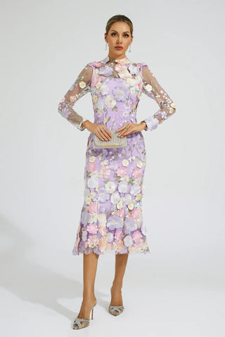 Helena Mor Çiçek İşlemeli Midi Elbise