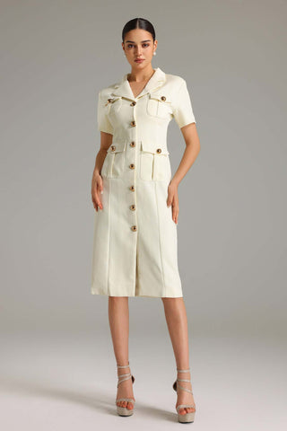 Tersa Düğme Detaylı Cepli Midi Elbise