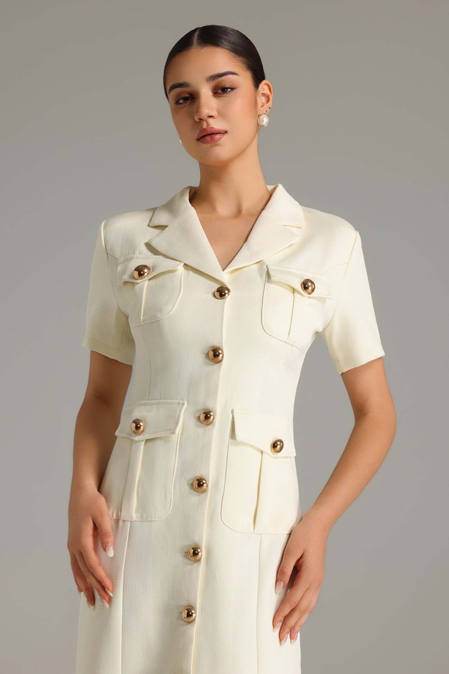 Tersa Düğme Detaylı Cepli Midi Elbise