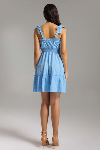 Mavi Volanlı Vinil Halter Mini Elbise
