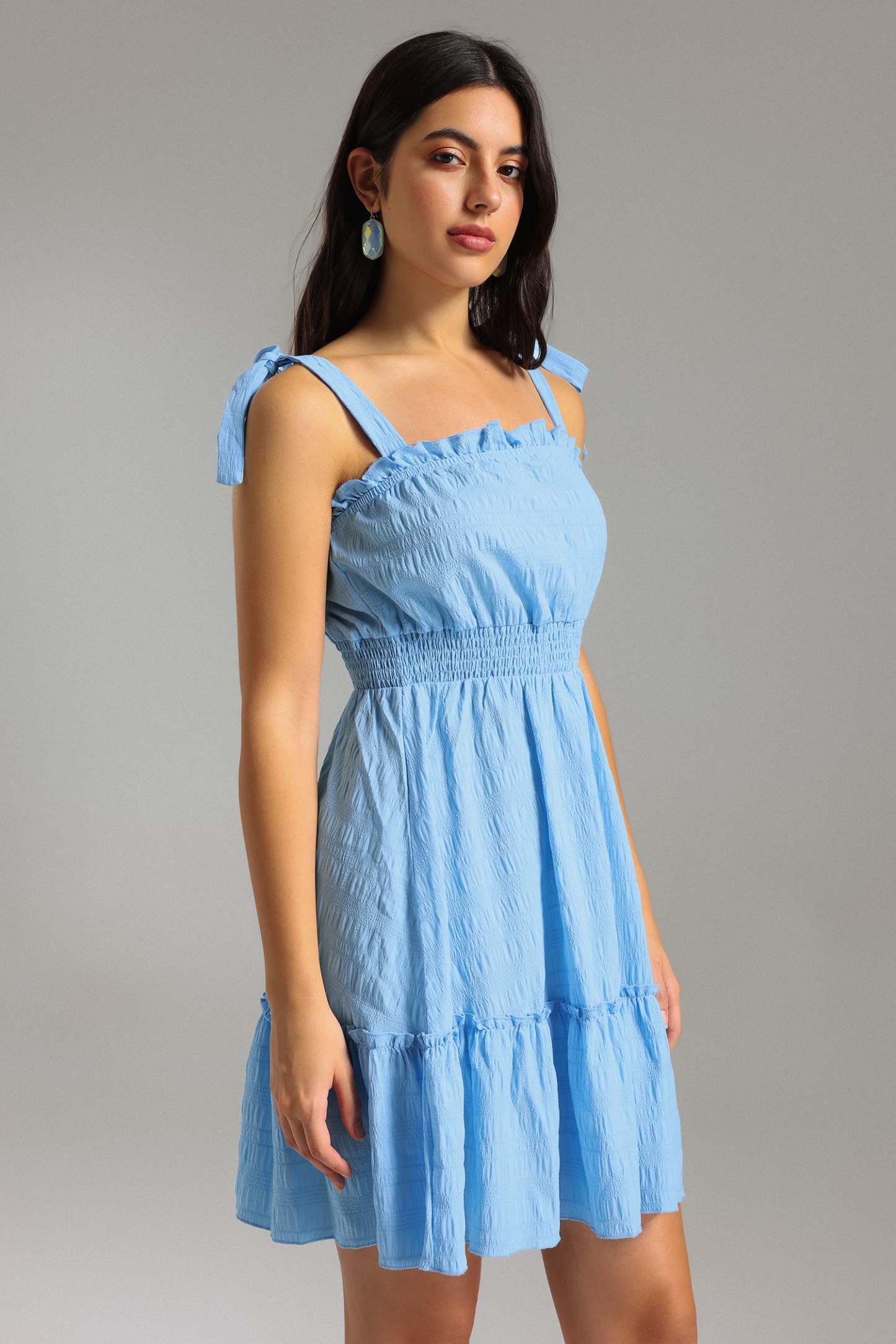 Mavi Volanlı Vinil Halter Mini Elbise