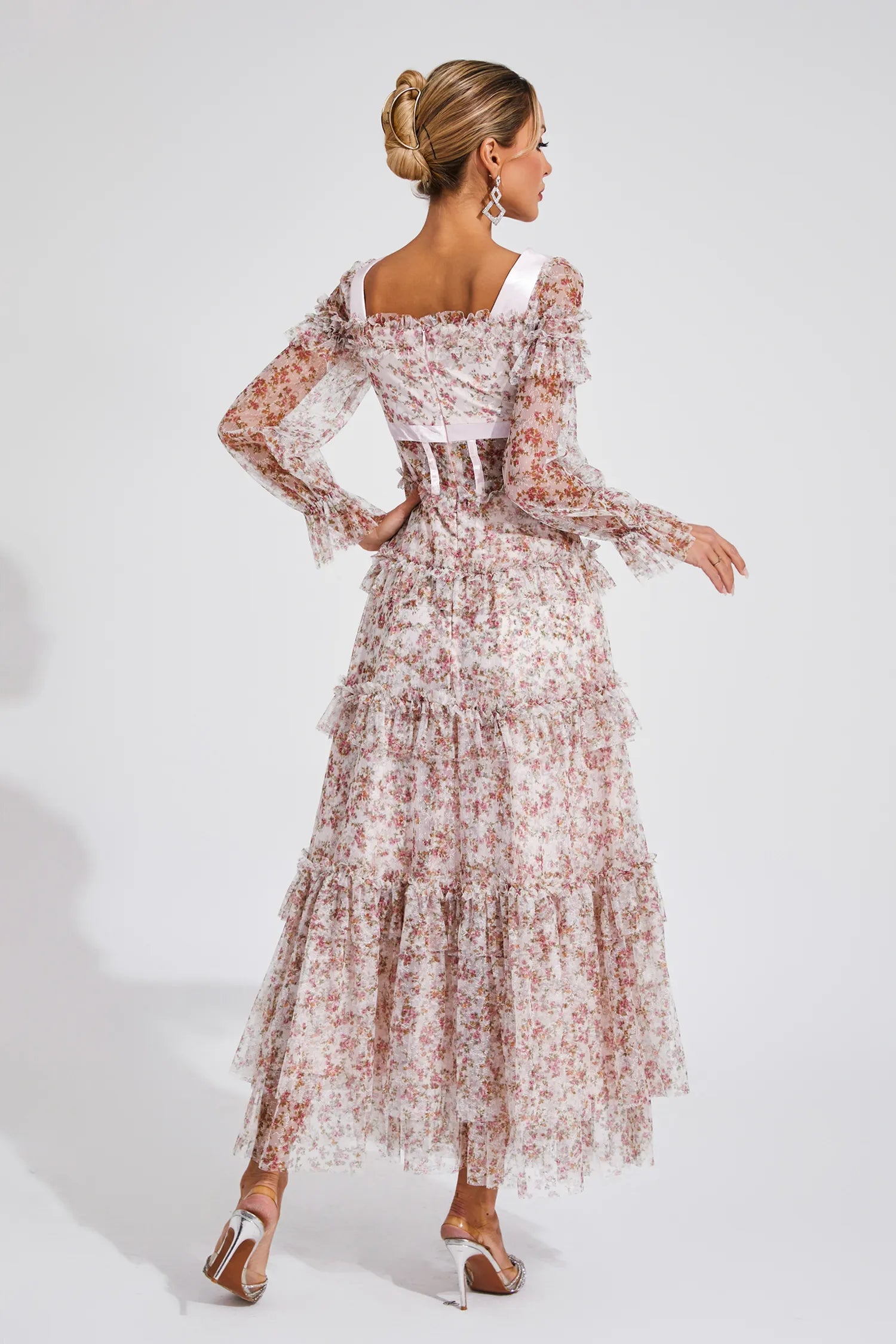 Mira Pembe Çiçekli Uzun Kollu Maksi Elbise