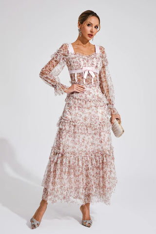 Mira Pembe Çiçekli Uzun Kollu Maksi Elbise
