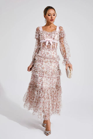 Mira Pembe Çiçekli Uzun Kollu Maksi Elbise