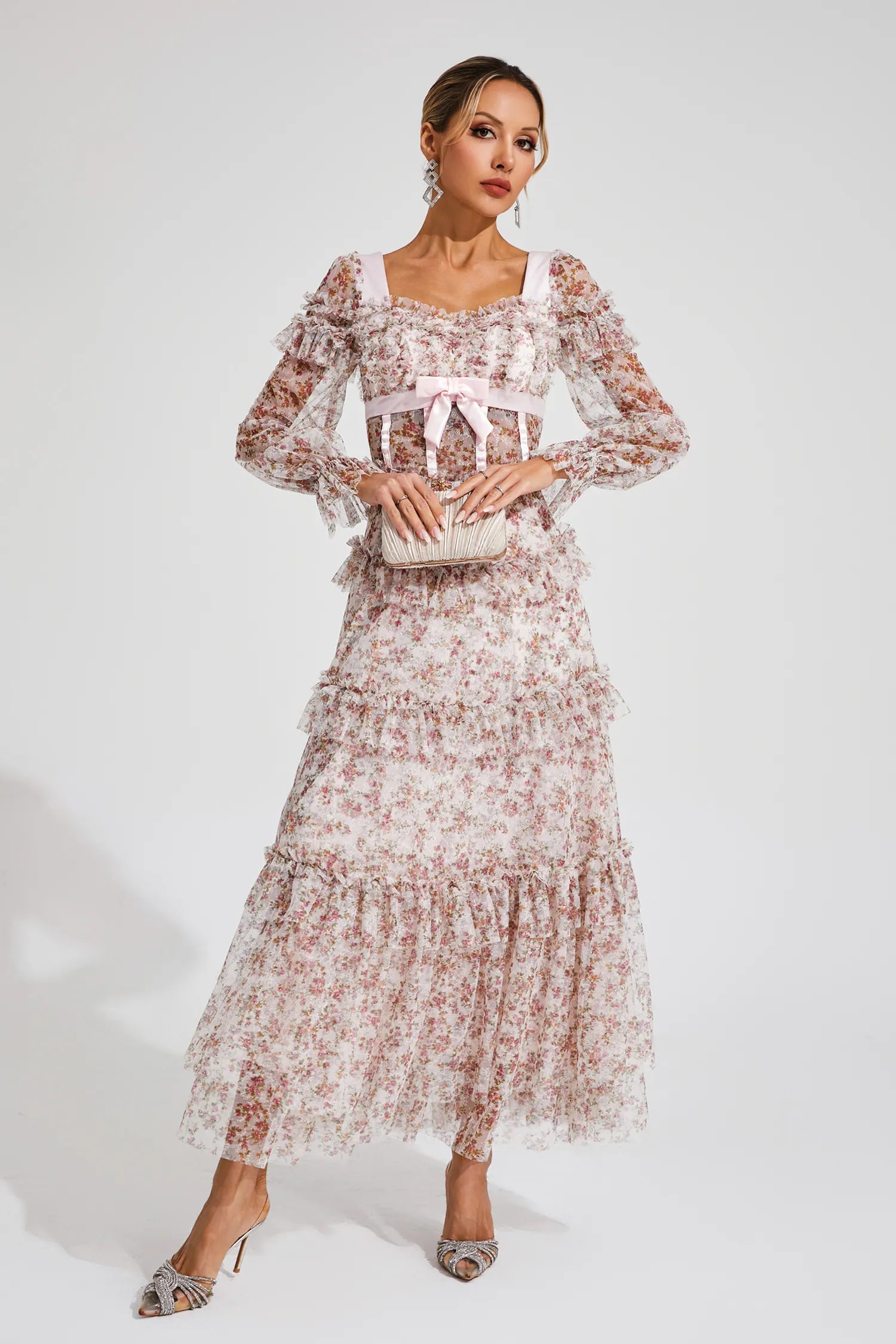 Mira Pembe Çiçekli Uzun Kollu Maksi Elbise