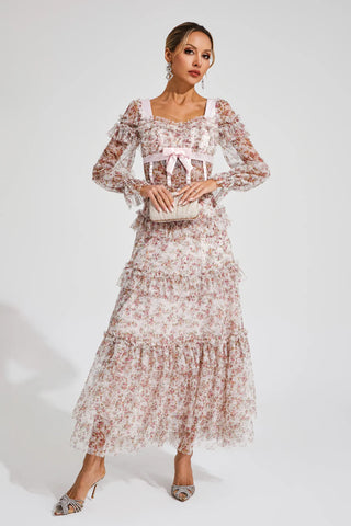 Mira Pembe Çiçekli Uzun Kollu Maksi Elbise