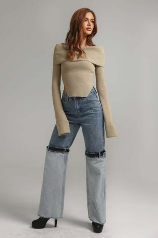 Yarera Açık Omuzlu Bej Kazak